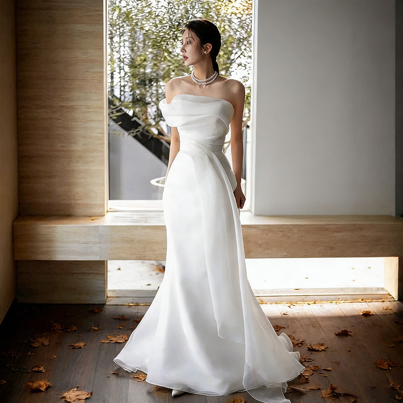 BHstyle Minimalistisch Ball-Gown Meerjungfrau Organza Drapierung Edel Modern Anlassmode Weiß Creme 32-44