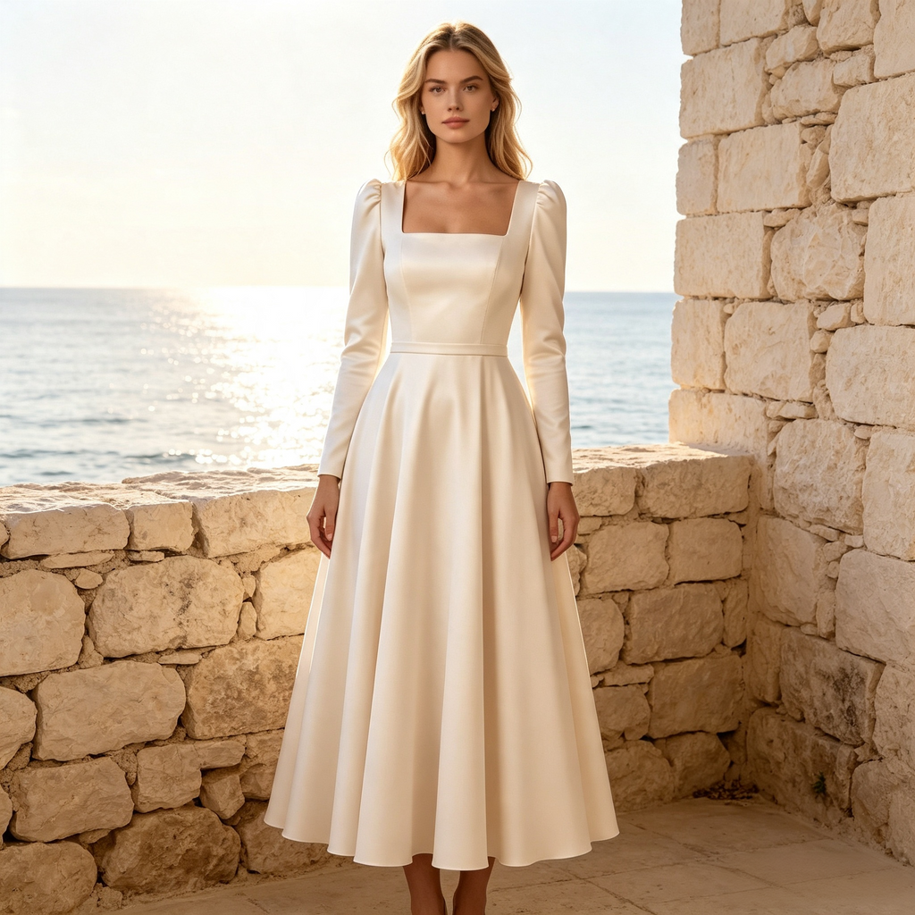Damen Satin-Midikleid mit Langarm, Karree-Ausschnitt und Puffärmeln - Elfenbein