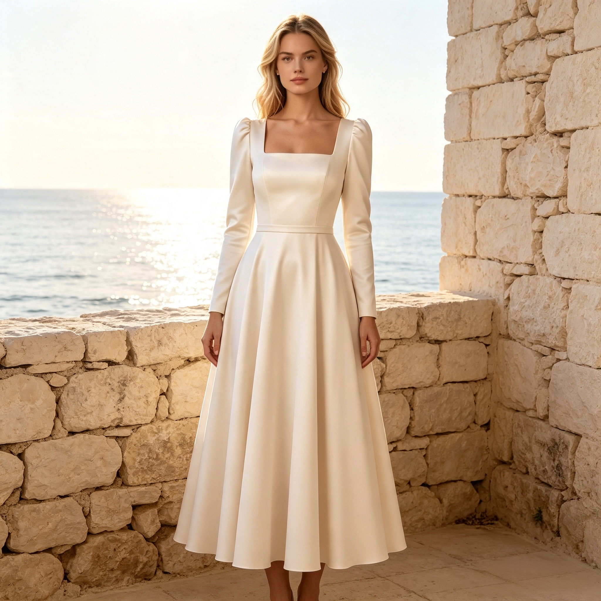 Damen Satin-Midikleid mit Langarm, Karree-Ausschnitt und Puffärmeln - Elfenbein