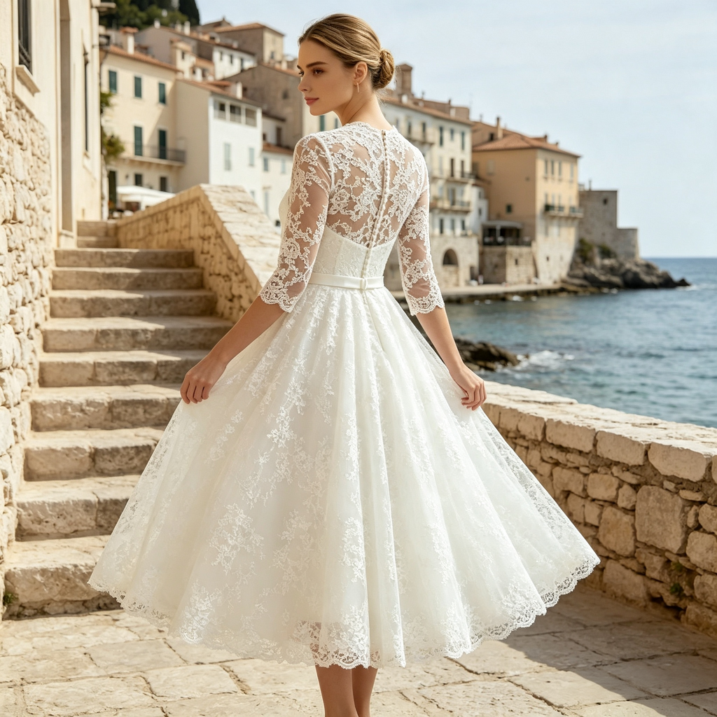Damen Spitzenkleid Midilänge mit 3/4-Ärmeln, V-Ausschnitt und Schleifengürtel - Weiß