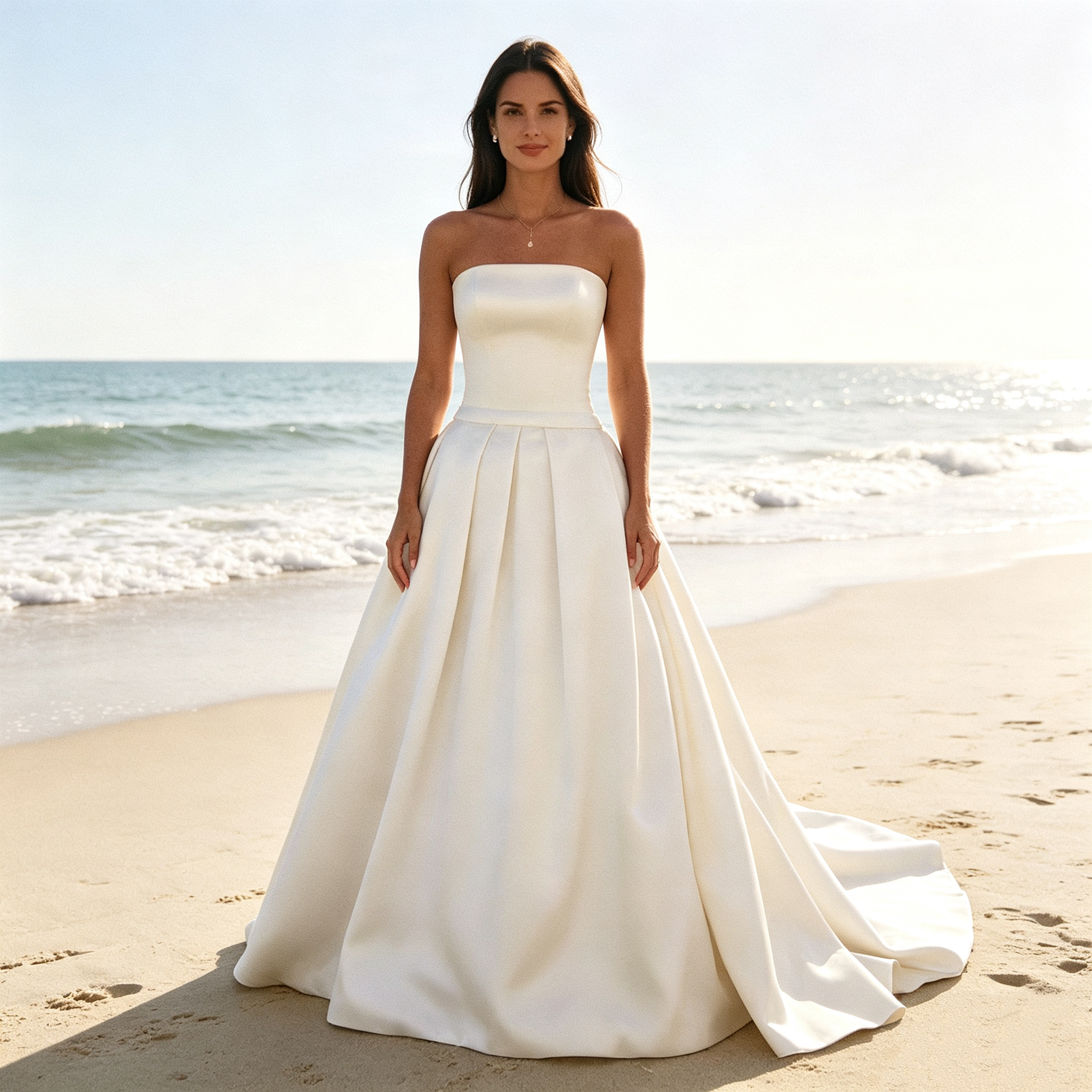 BHstyle Schulterfreies Satin Festkleid mit taillierter Taille, weitem Rock und langem Schleppenteil