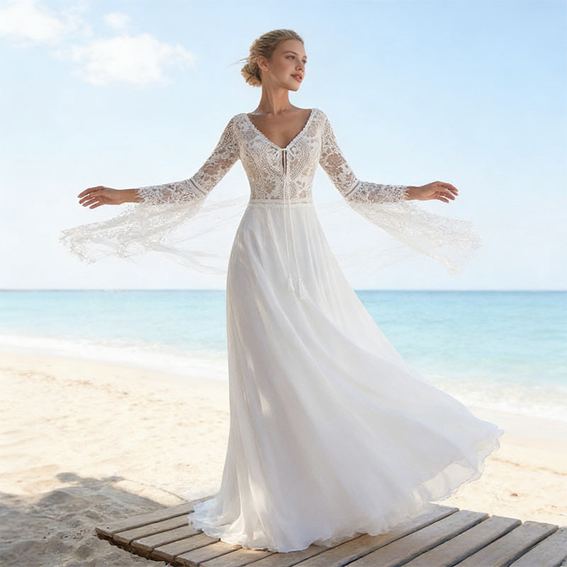 BHstyle Boho Ball-Gown mit Trompetenärmeln und V-Ausschnitt – Ballkleid aus Spitze für Strand Garten 2-16W