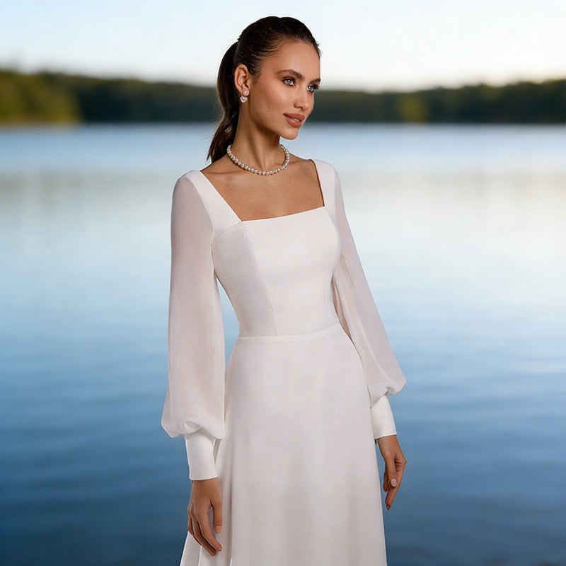 BHstyle Ball-Gown A Linie Weiß Langarm Quadratischer Ausschnitt Ballkleid Chiffon Bodenlang Modern Boho 32-56