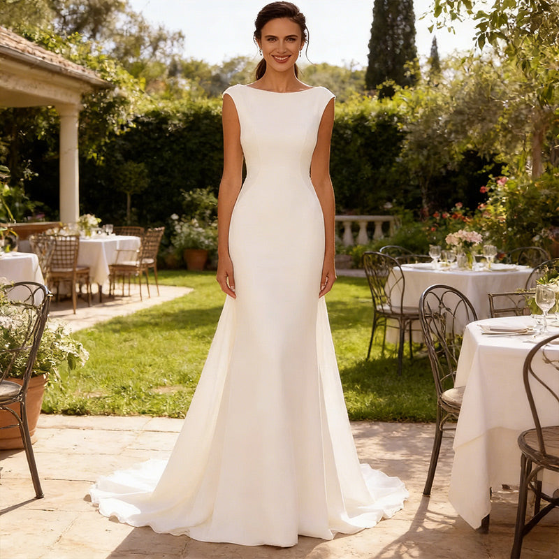 BHstyle Ball-Gown im Meerjungfrau-Stil mit abnehmbarer Schleppe – Minimalistisches A-Linie Ballkleid mit U-Boot 2-26W
