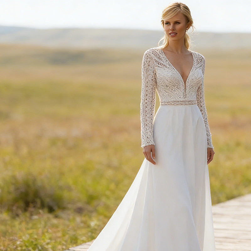 BHstyle Boho-Ball-Gown mit V-Ausschnitt und Spitzenärmeln A-Linien Ballkleid mit geometrischer Spitze 2-26W