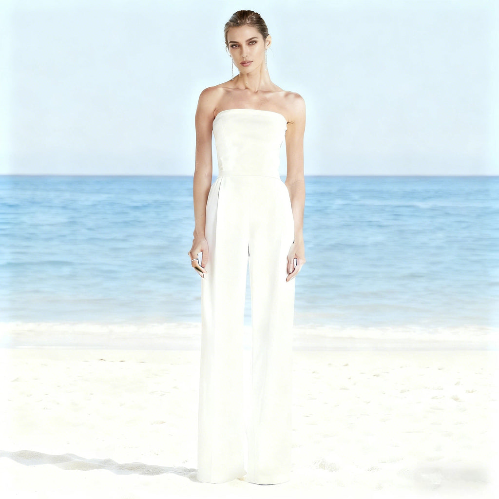 BHstyle Eleganter Braut Jumpsuit Bodenlang mit V-Ausschnitt und Langarm Hochzeits Hosenanzug 32-38