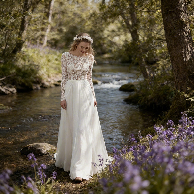 BHstyle Elegantes Boho Ball-Gown Langarm Spitze Chiffon Weiss 34-46