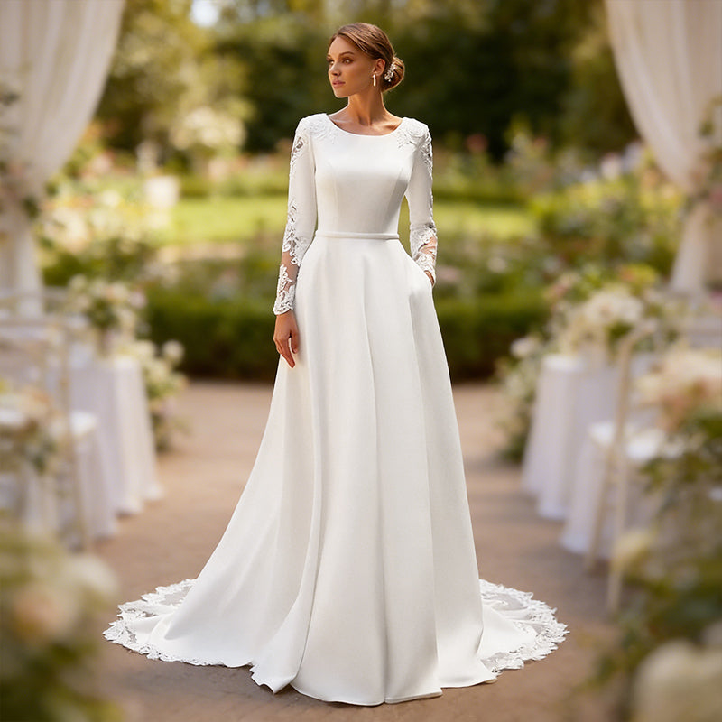 BHstyle Klassisches Satin Ball-Gown mit Spitzenärmeln und Rundhals Ausschnitt Elegantes A Linie Ballkleid 2-26W