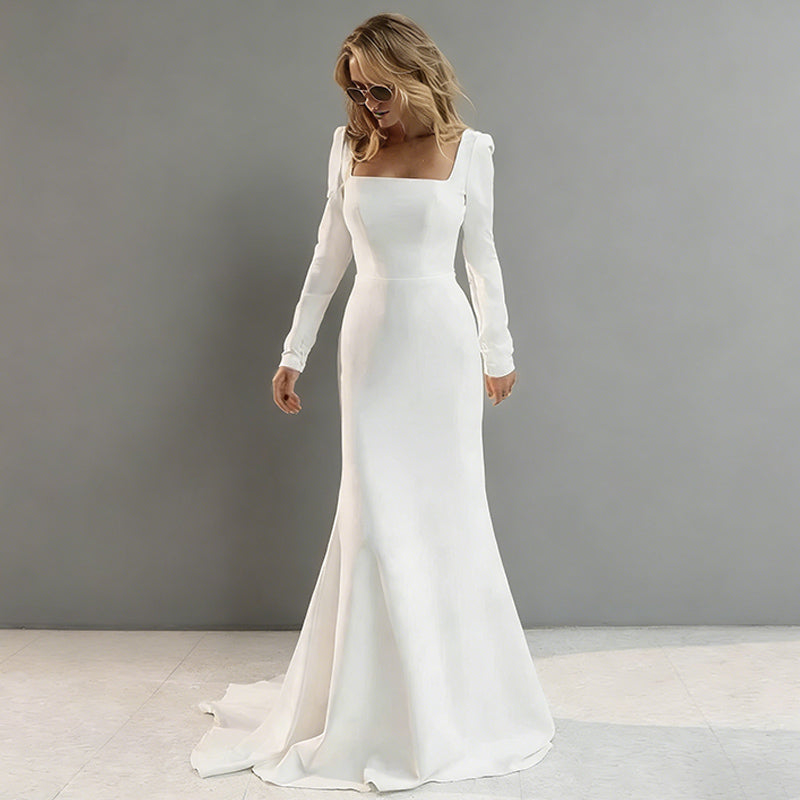 BHstyle Minimalistisches BHstyleMeerjungfrau-Ball-Gown mit quadratischem Ausschnitt und langen Ärmeln – aus schwerem Satin 36-44