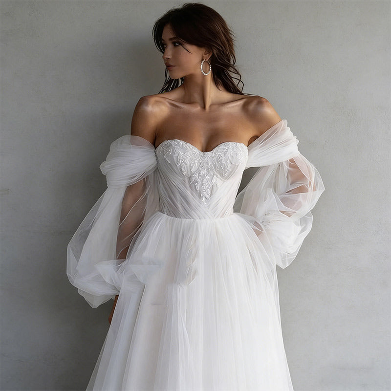 BHstyle Off-Shoulder Ball-Gowner Prinzessin mit Herz-Ausschnitt Beinschlitz – Elfenhaftes A-Linien Kleid mit Puffärmeln 2-26W