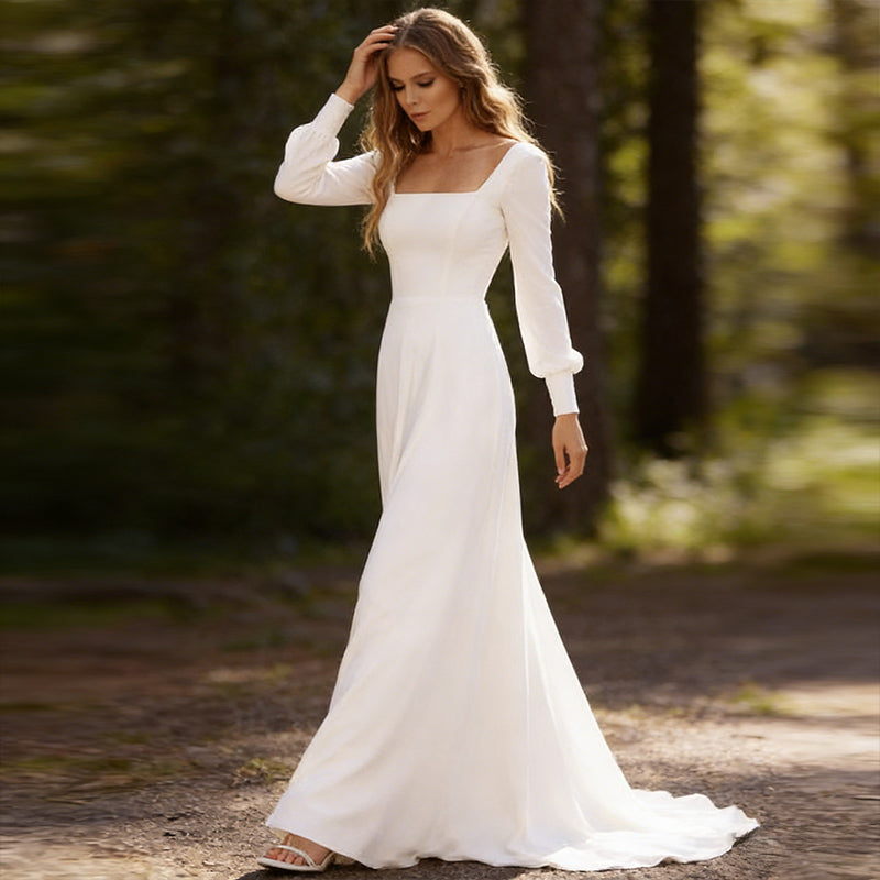 BHstyle Schlichtes Ball-Gown Weiß A Linie Langarm Quadratischer Ausschnitt Ballkleid Chiffon Bodenlang Modern Elegant
