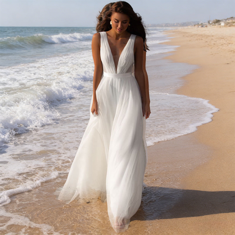 BHstyle Strand-Ball-Gown mit V-Ausschnitt und Plissee-Details A-Linie Elegantes Ballkleid aus Tüll Elfenbein S-2XL