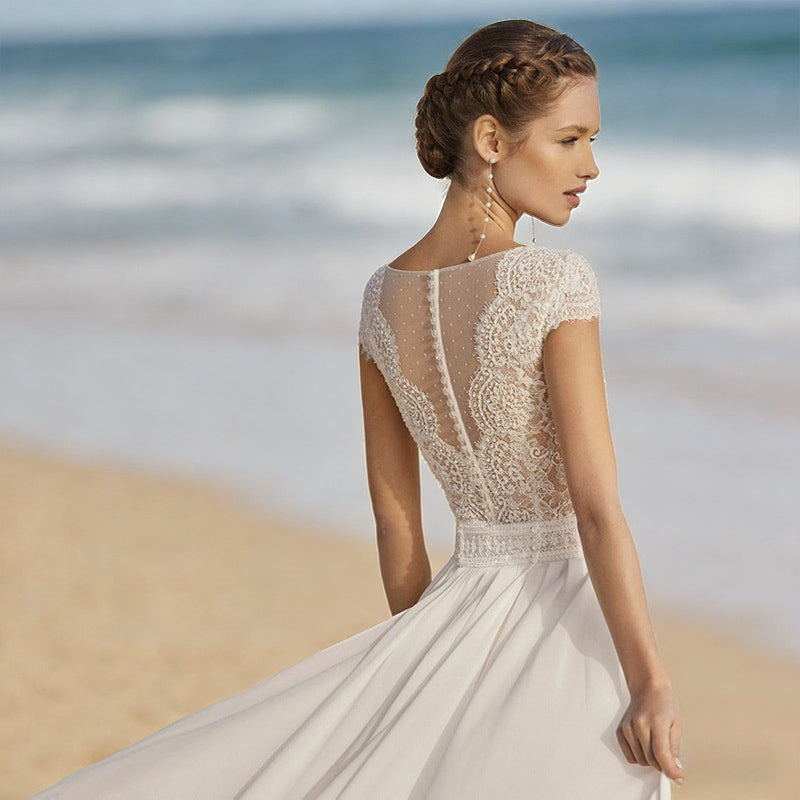 BHstyle Vintage Boho Ball-Gown aus Spitze A Linie mit V Ausschnitt und Kappenärmel Schlichtes Ballkleid Elfenbein 2-26W