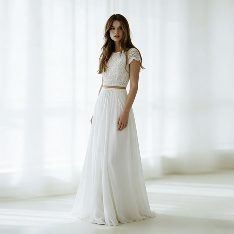 BHstyle Zweiteiliges Boho Ball-Gown aus Spitze und Chiffon Romantisches Crop-Top Ballkleid A-Linie 2-26W