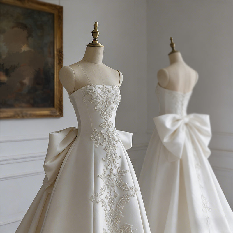 BHstyle Retro Prinzessin Ball-Gown Satin Schleife Bestickt Edel Schloss Hochzeit Ballkleid Weiß 32-44