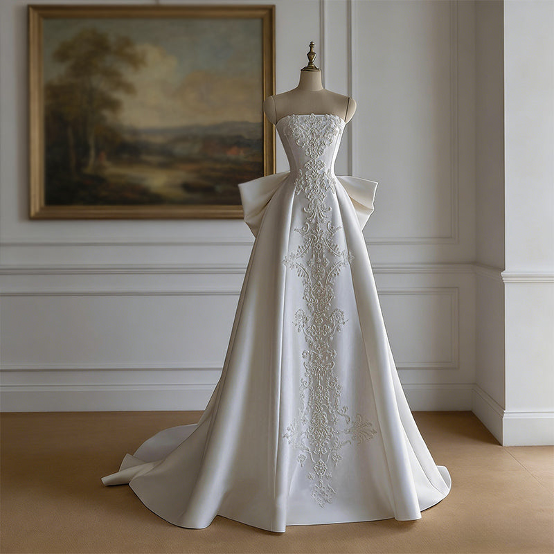 BHstyle Retro Prinzessin Ball-Gown Satin Schleife Bestickt Edel Schloss Hochzeit Ballkleid Weiß 32-44