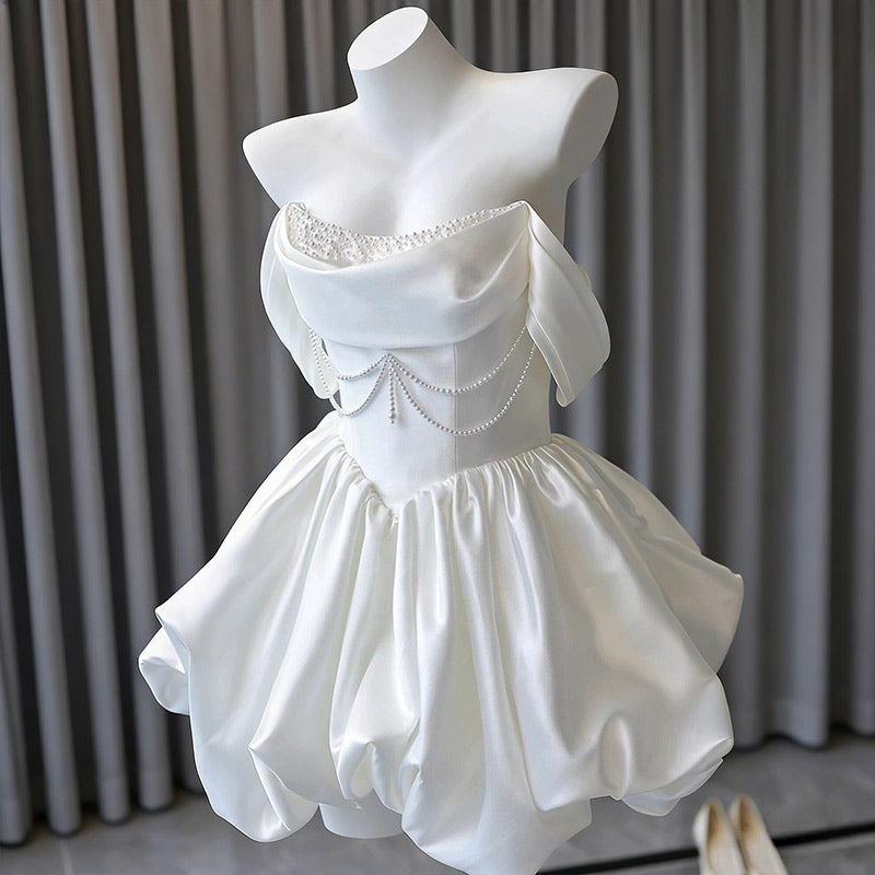 BHstyle Modern Ball-Gown Kurz Satin Trägerlos A-Linie Edel Anlassmode Party Weiß Creme 32-44
