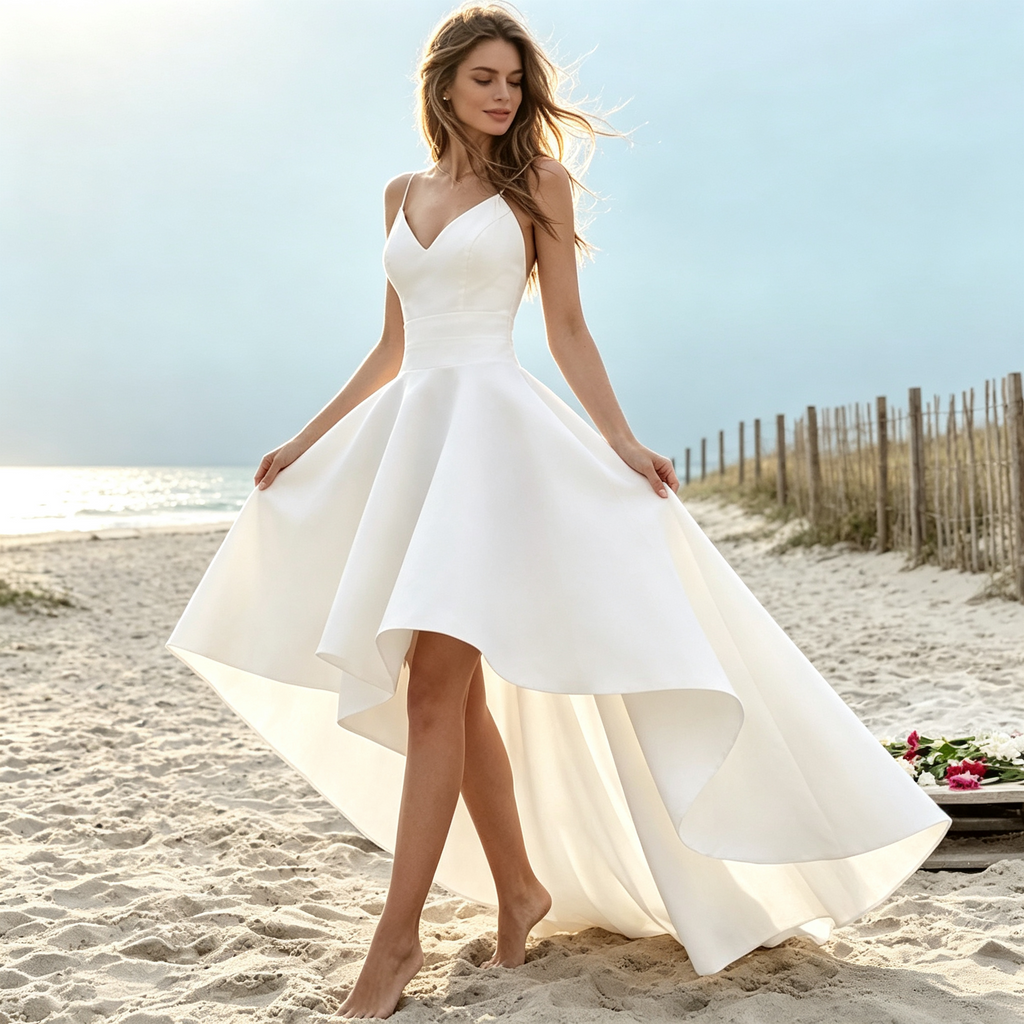 BHstyle Elegantes Damen High-Low Abendkleid mit V-Ausschnitt & Spaghettiträgern – Satin-Optik, Weiß