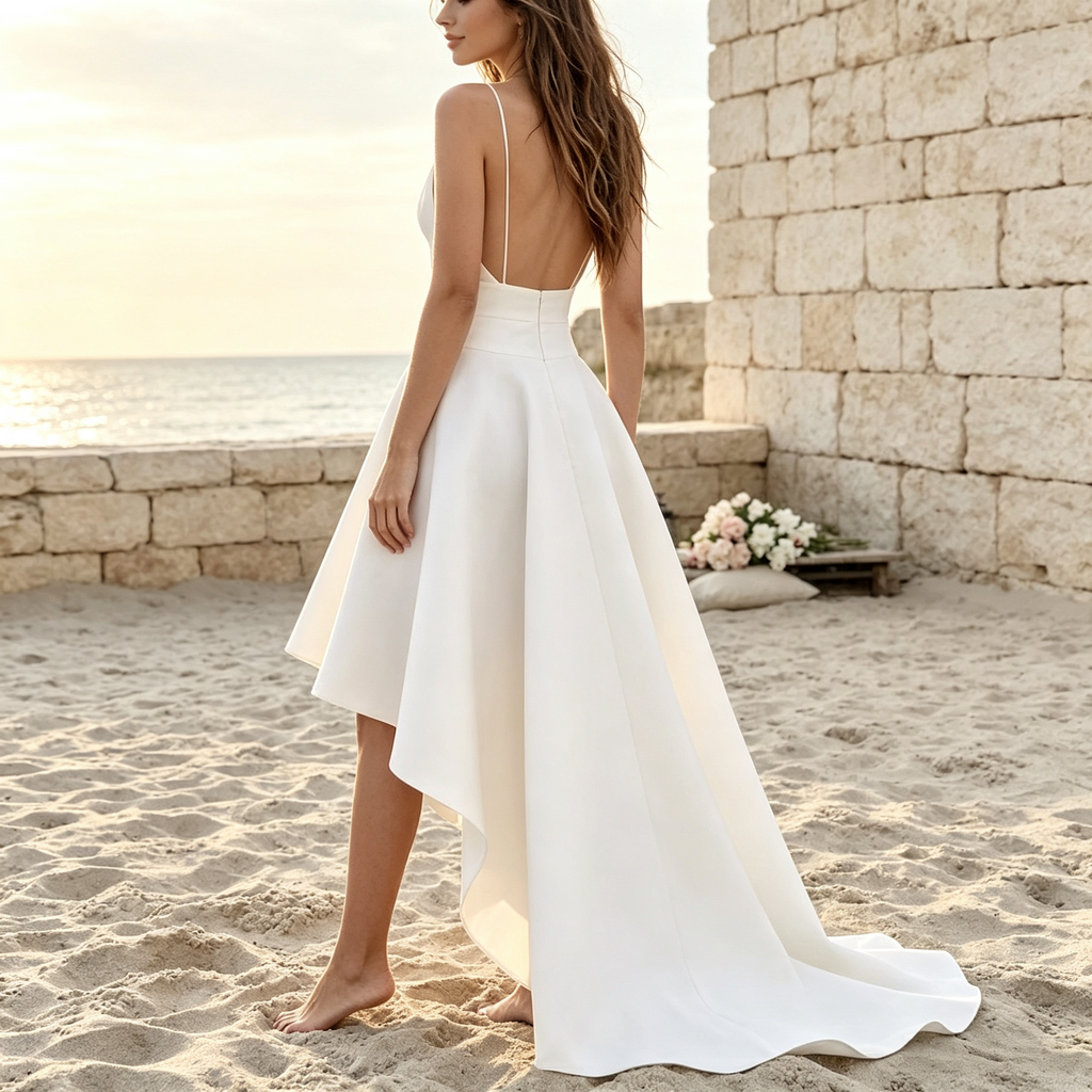 BHstyle Elegantes Damen High-Low Abendkleid mit V-Ausschnitt & Spaghettiträgern – Satin-Optik, Weiß