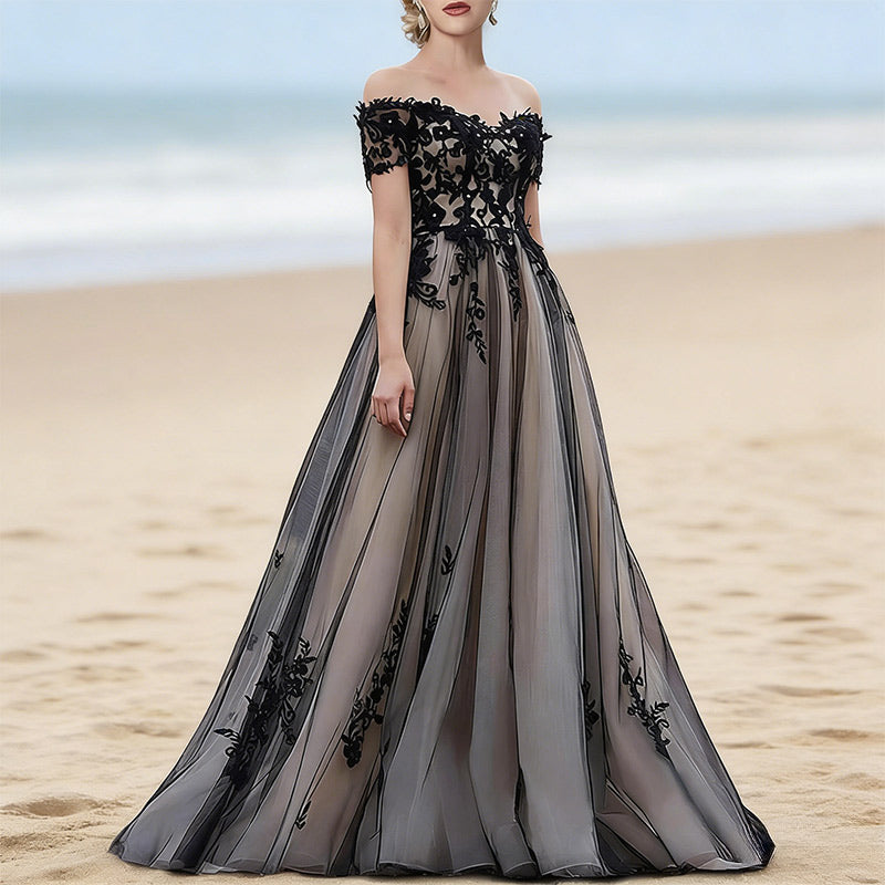 BHstyle Luxus Gothic Ball-Gown Schwarz Spitze Off-Shoulder A-Linie Edel Abendkleid Elegant Party 2-24W