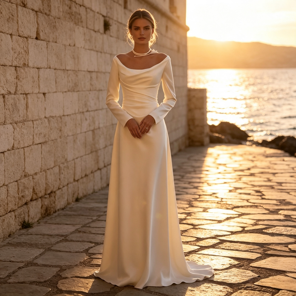 BHstyle Langes festliches Maxi‑Kleid mit Langärmeln, tailliertes Damenkleid mit Drapierung, edles Bodenlanges Kleid in Cremeweiß