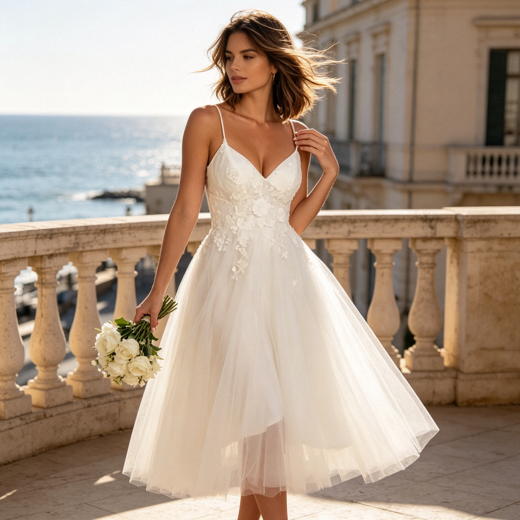 Damen Midikleid mit V-Ausschnitt, Blumenstickerei & A-Linien Tüllrock – Weiß