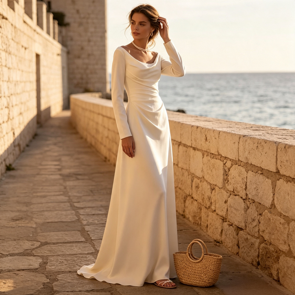 BHstyle Langes festliches Maxi‑Kleid mit Langärmeln, tailliertes Damenkleid mit Drapierung, edles Bodenlanges Kleid in Cremeweiß