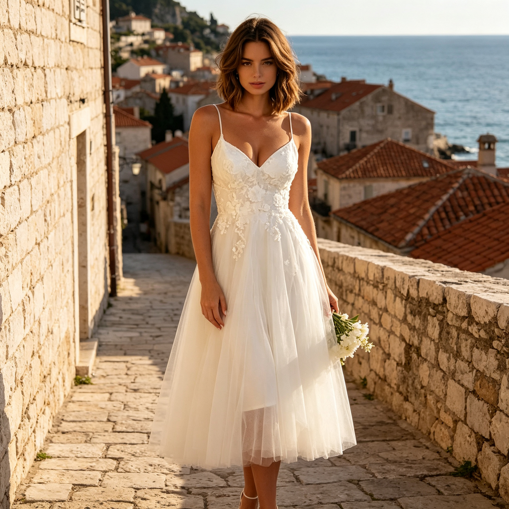 Damen Midikleid mit V-Ausschnitt, Blumenstickerei & A-Linien Tüllrock – Weiß