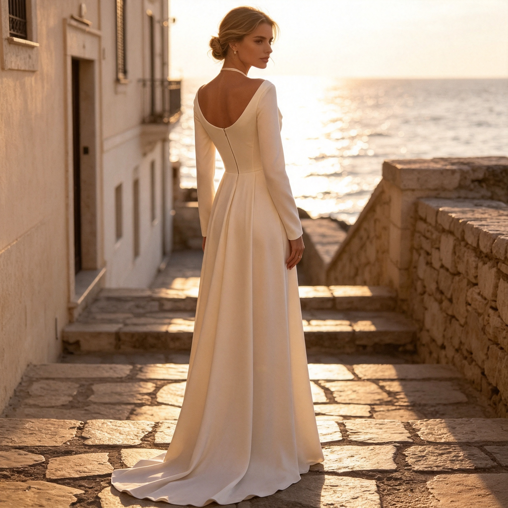 BHstyle Langes festliches Maxi‑Kleid mit Langärmeln, tailliertes Damenkleid mit Drapierung, edles Bodenlanges Kleid in Cremeweiß
