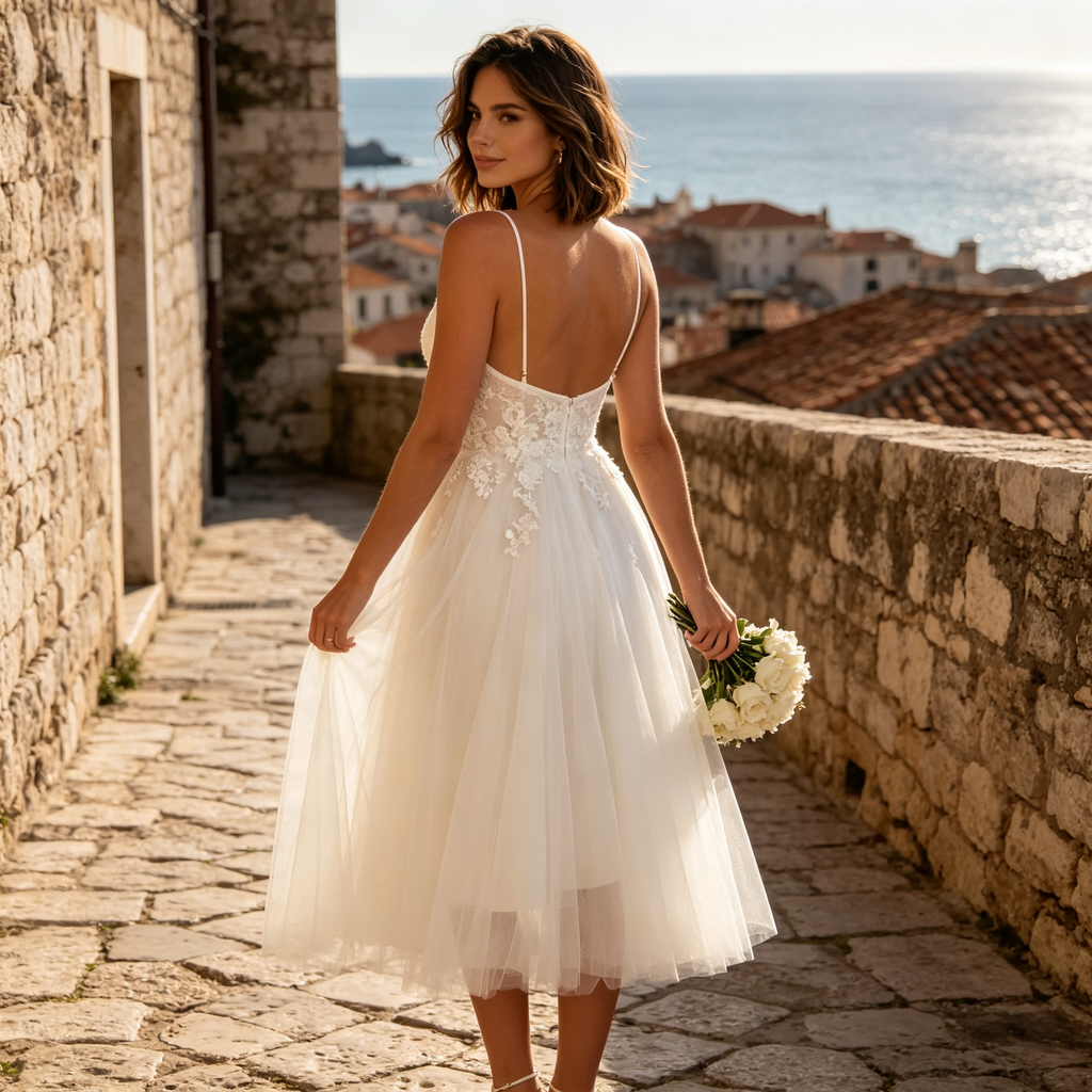 Damen Midikleid mit V-Ausschnitt, Blumenstickerei & A-Linien Tüllrock – Weiß