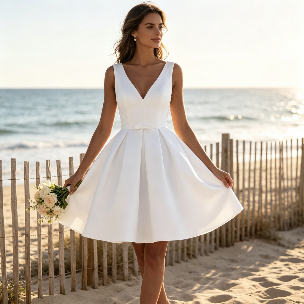 BHstyle Elegantes Damen Kurzes Abendkleid mit V-Ausschnitt & Schleifendetail – Satin-Optik, Weiß