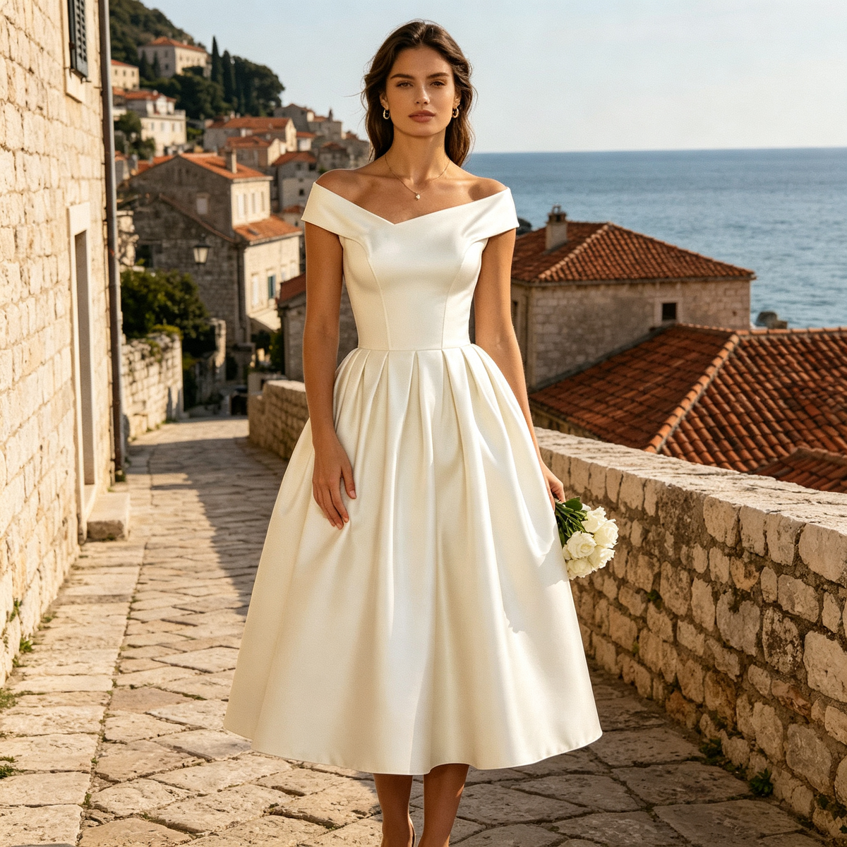 Elegantes Schulterfreies Midikleid mit Satin-Optik & Faltenrock in Weiß
