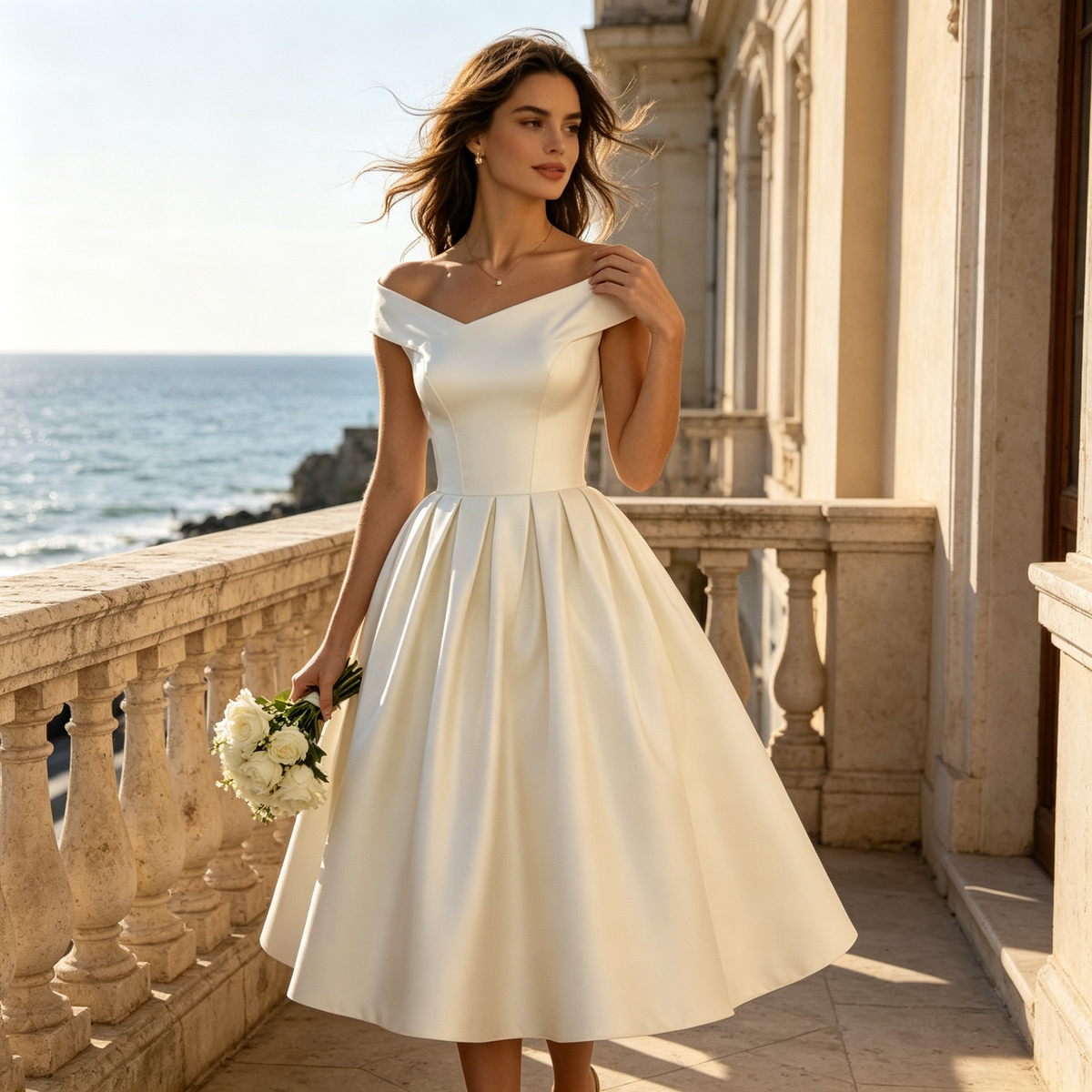 Elegantes Schulterfreies Midikleid mit Satin-Optik & Faltenrock in Weiß