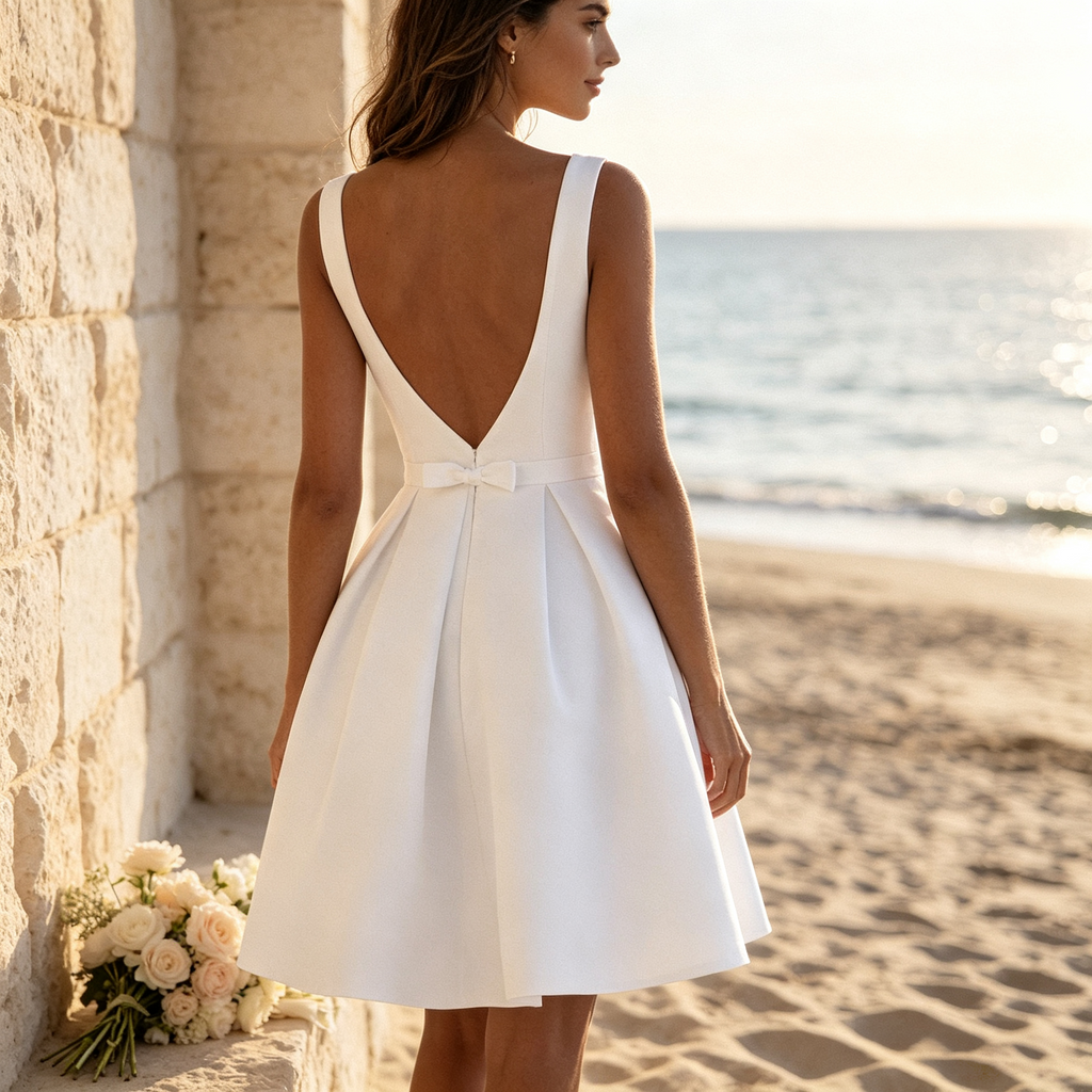 BHstyle Elegantes Damen Kurzes Abendkleid mit V-Ausschnitt & Schleifendetail – Satin-Optik, Weiß