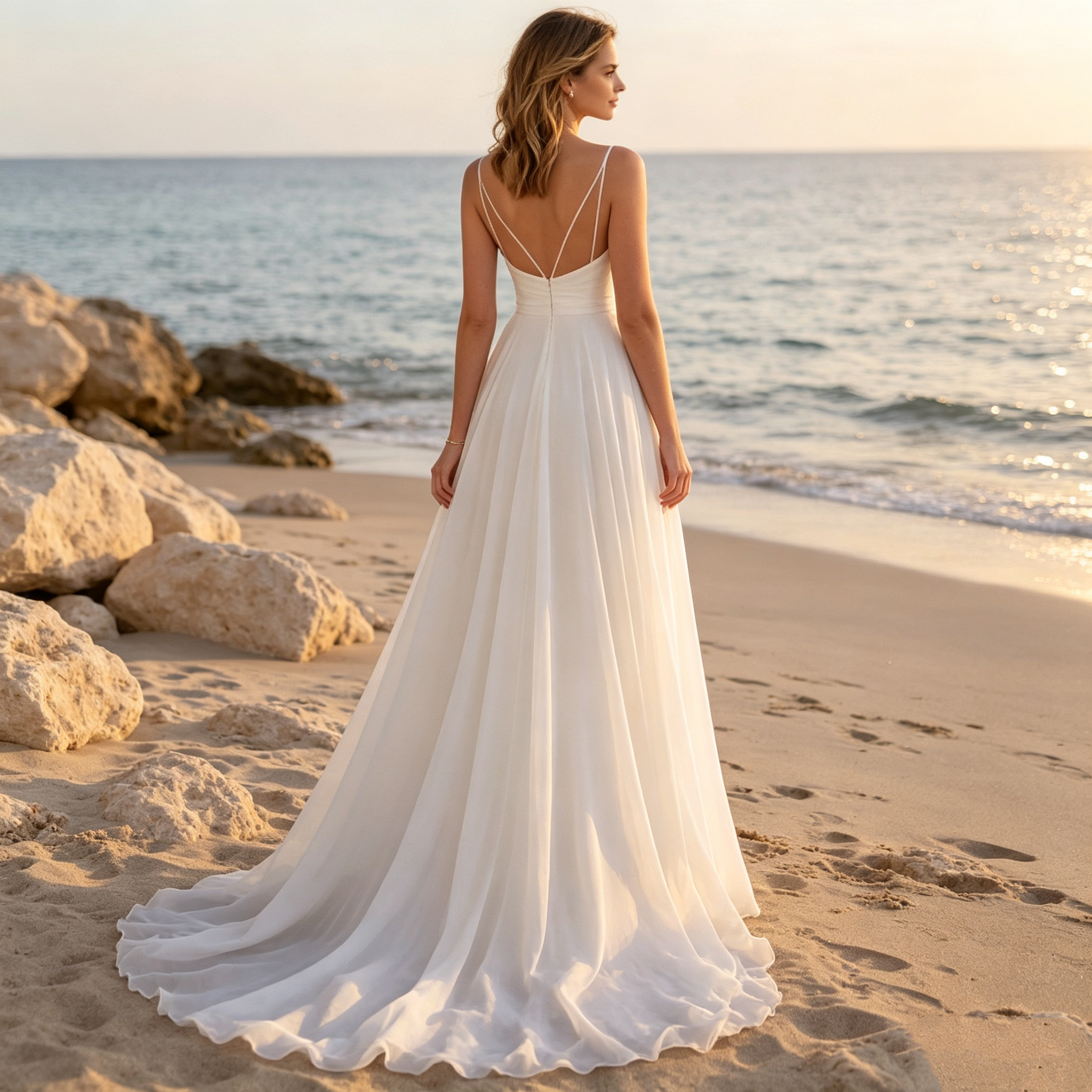 BHstyle Fließendes Chiffon Maxikleid mit V-Ausschnitt und rückenfreier Schleppe für Abendanlässe