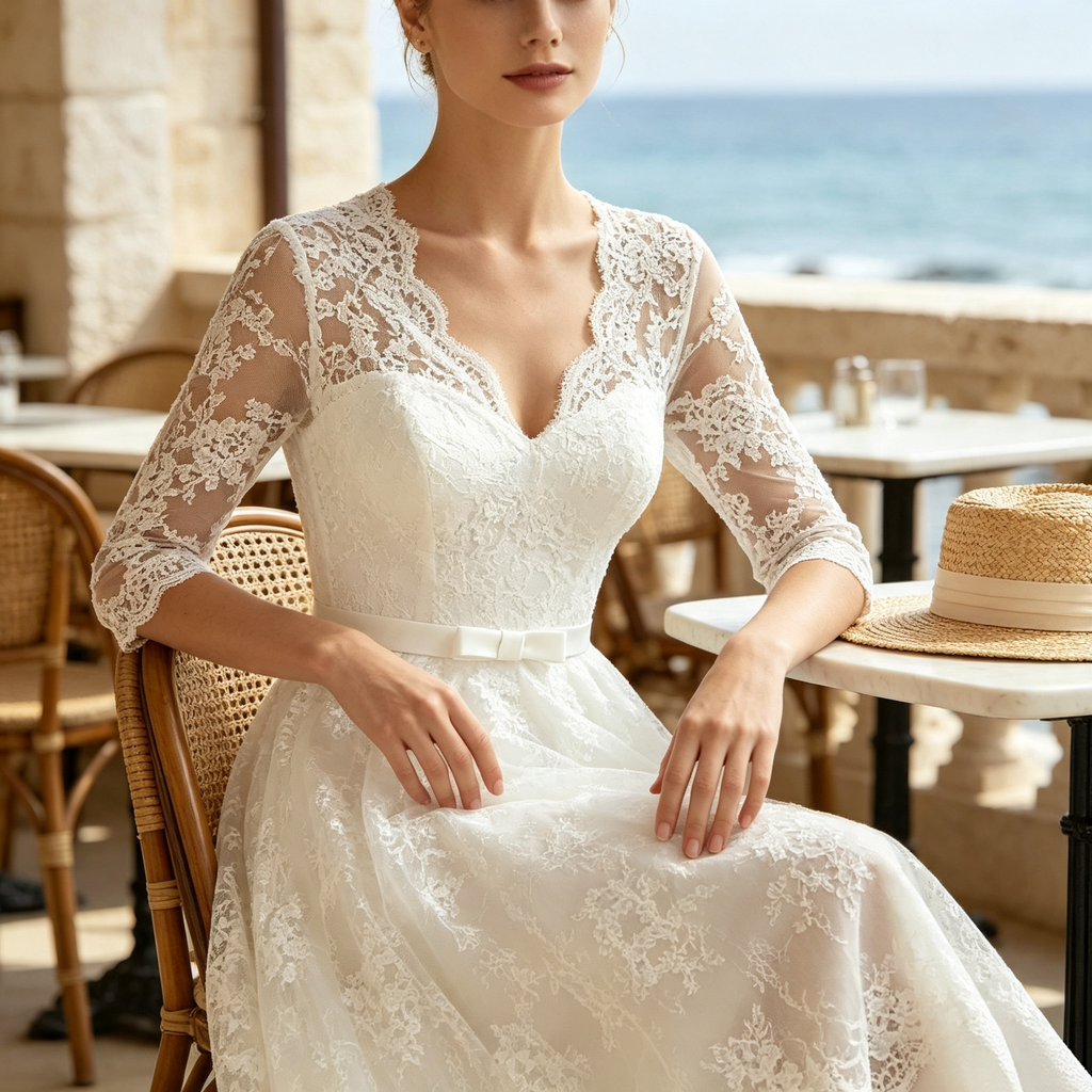 Damen Spitzenkleid Midilänge mit 3/4-Ärmeln, V-Ausschnitt und Schleifengürtel - Weiß
