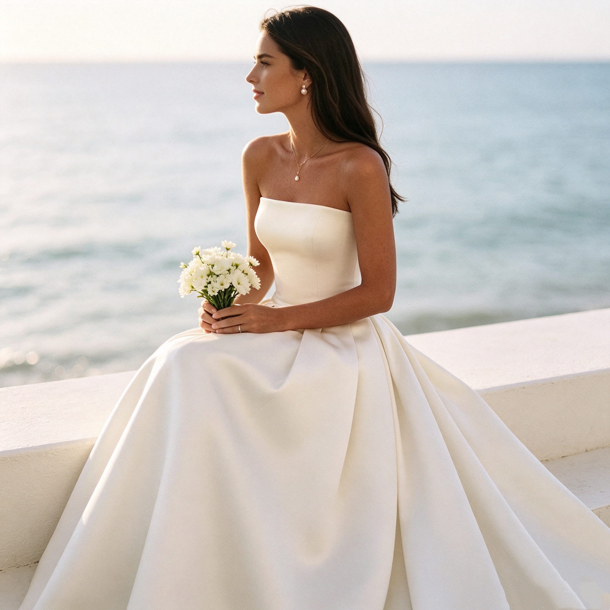 BHstyle Schulterfreies Satin Festkleid mit taillierter Taille, weitem Rock und langem Schleppenteil