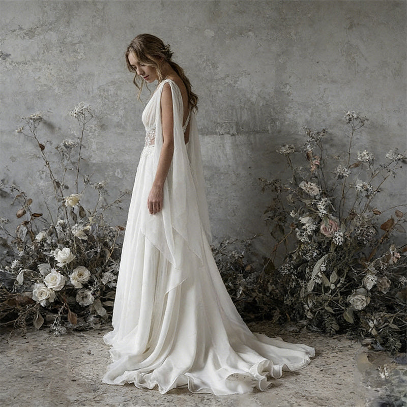 BHstyle Ätherisches Griechische-Göttin Ball-Gown mit Cape-Schultern – Elegante A-Linie aus Chiffon mit Cut-out Spitze 2-26W