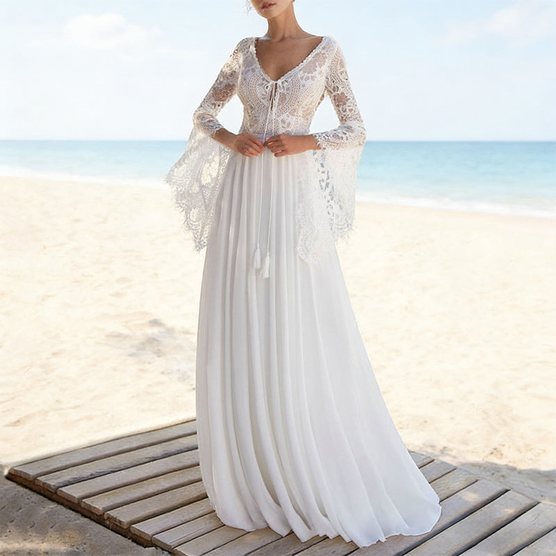 BHstyle Boho Ball-Gown mit Trompetenärmeln und V-Ausschnitt – Ballkleid aus Spitze für Strand Garten 2-16W