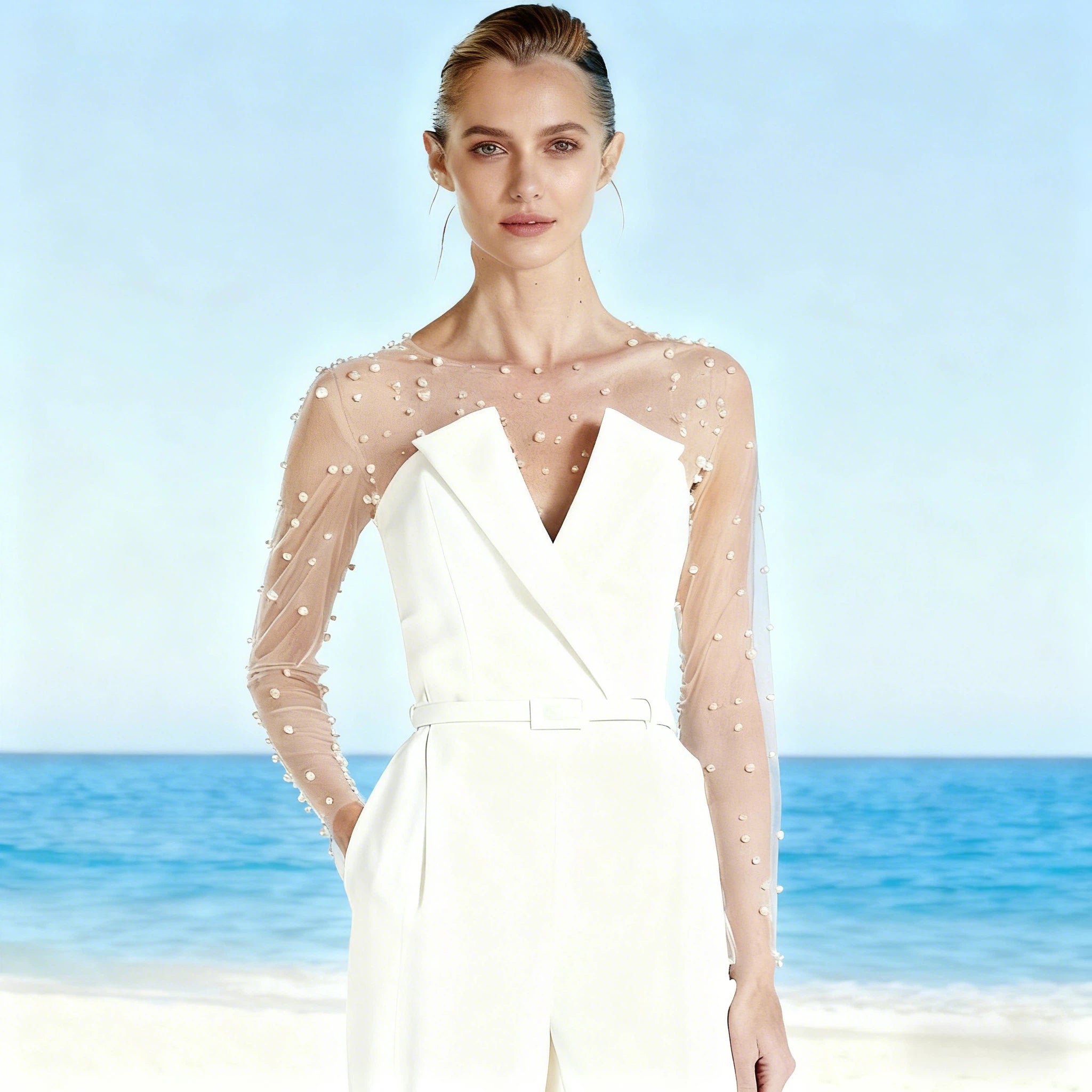 BHstyle Eleganter Braut Jumpsuit Bodenlang mit V-Ausschnitt und Langarm Hochzeits Hosenanzug 32-38