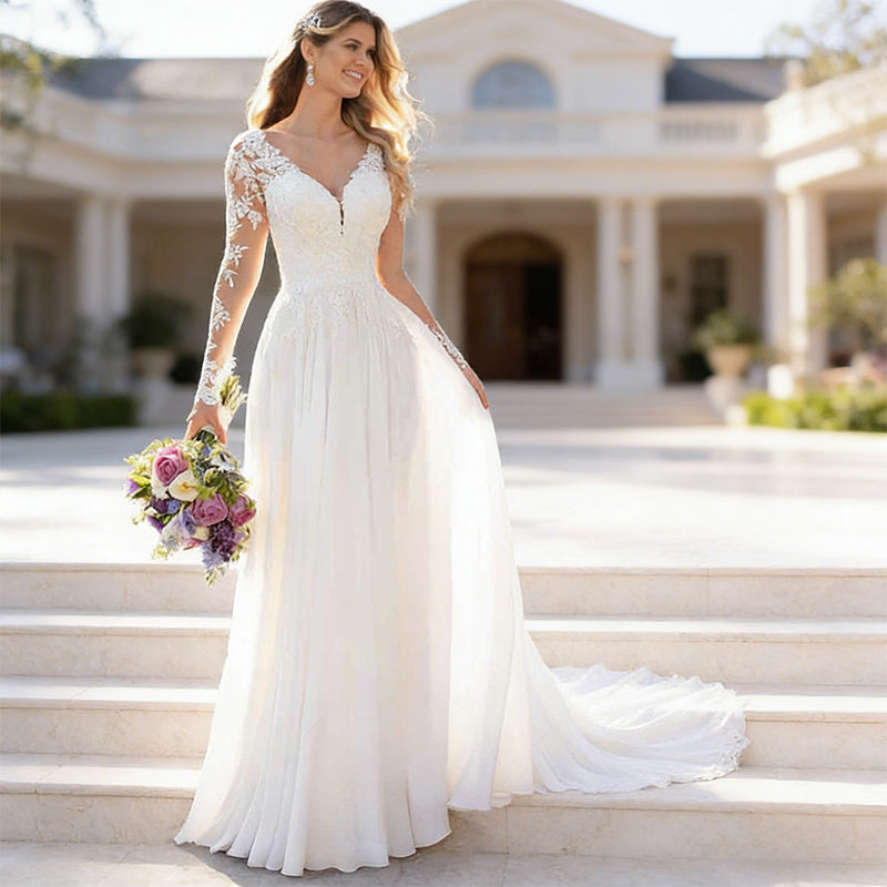 BHstyle Elegantes Ball-Gown aus Spitze A Linie mit V Ausschnitt Langarm Bodenlang Hochzeit 32-56