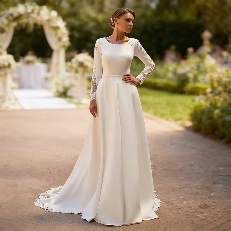 BHstyle Klassisches Satin Ball-Gown mit Spitzenärmeln und Rundhals Ausschnitt Elegantes A Linie Ballkleid 2-26W