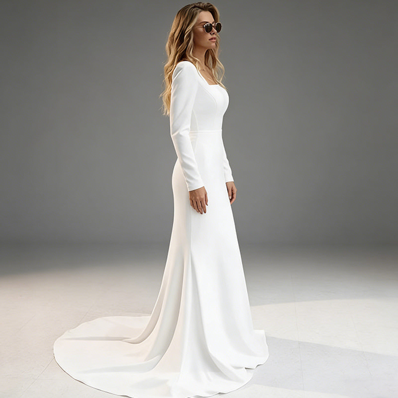 BHstyle Minimalistisches BHstyleMeerjungfrau-Ball-Gown mit quadratischem Ausschnitt und langen Ärmeln – aus schwerem Satin 36-44