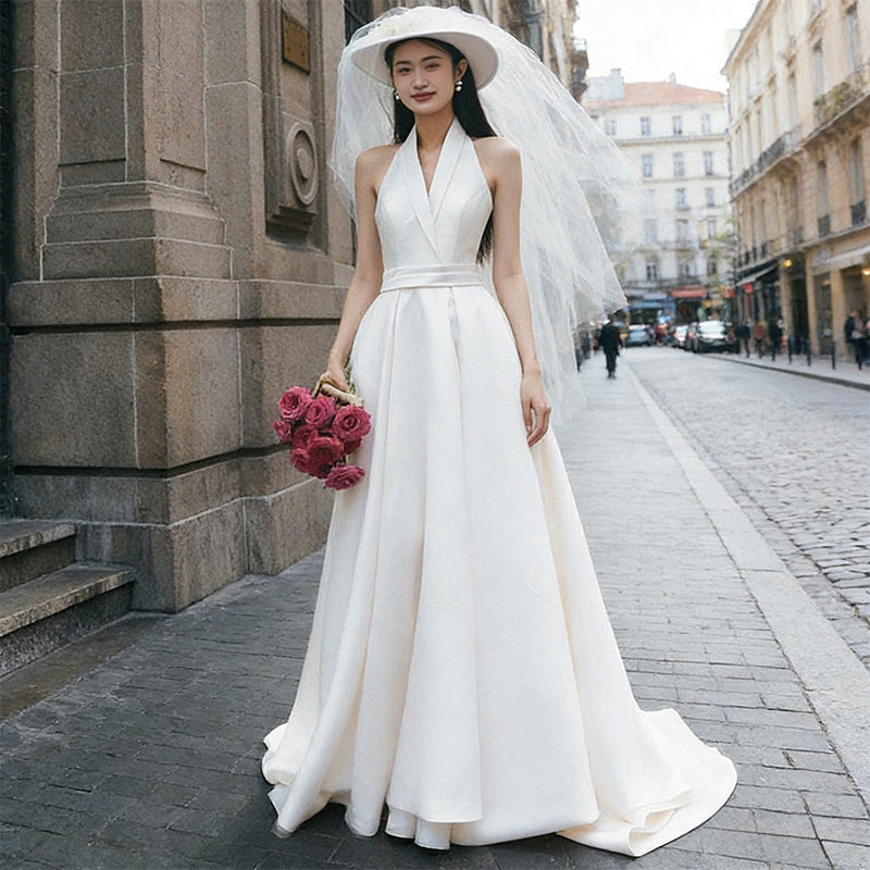 BHstyle Modernes A-Linie Ball-Gown Größe mit Halterneck- Ballkleid aus edlem Satin im Vintage-Stil 32-44