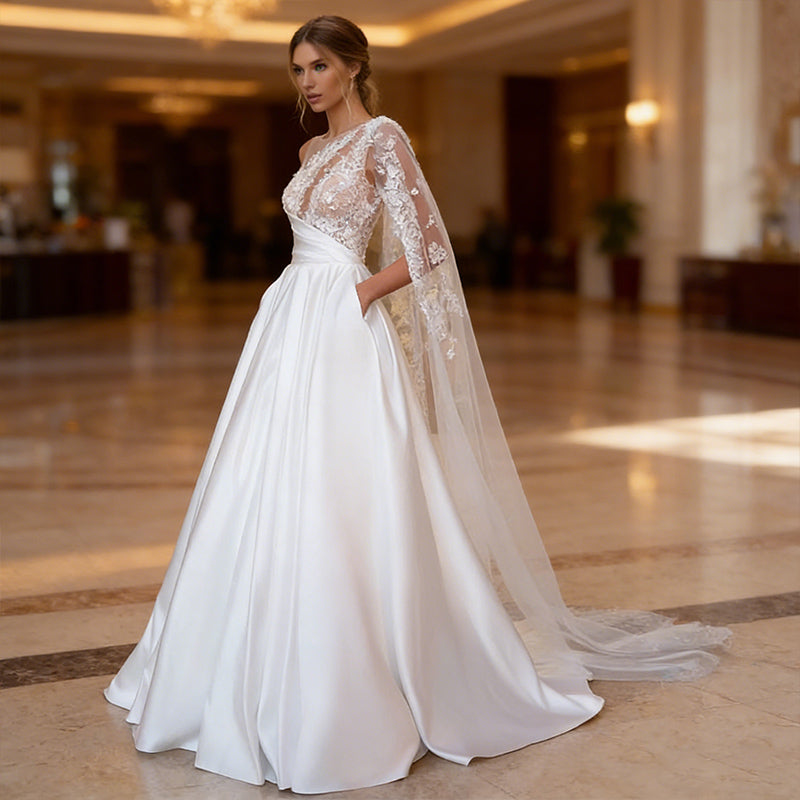 BHstyle Satin Ball-Gowner Prinzessin mit One Shoulder Spitze und Cape A Linie Ballkleid Edel Stickerei Elfenbein 34-44