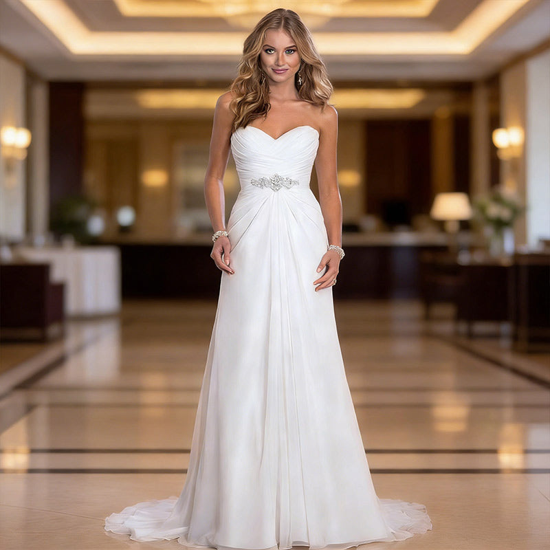 BHstyle Romantisches Ball-Gown in A-Linie mit Herz-Ausschnitt und Kristall-Gürtel Elegantes Chiffon Ballkleid Elfenbein 2-26W