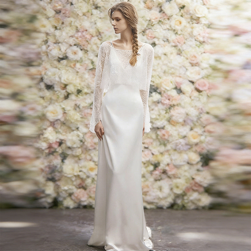 BHstyle Zweiteiliges Boho Ball-Gown mit Glitzer-Caplet und Seidigem Satin Kleid Elegantes A-Linie Ballkleid Elfenbein 32-44