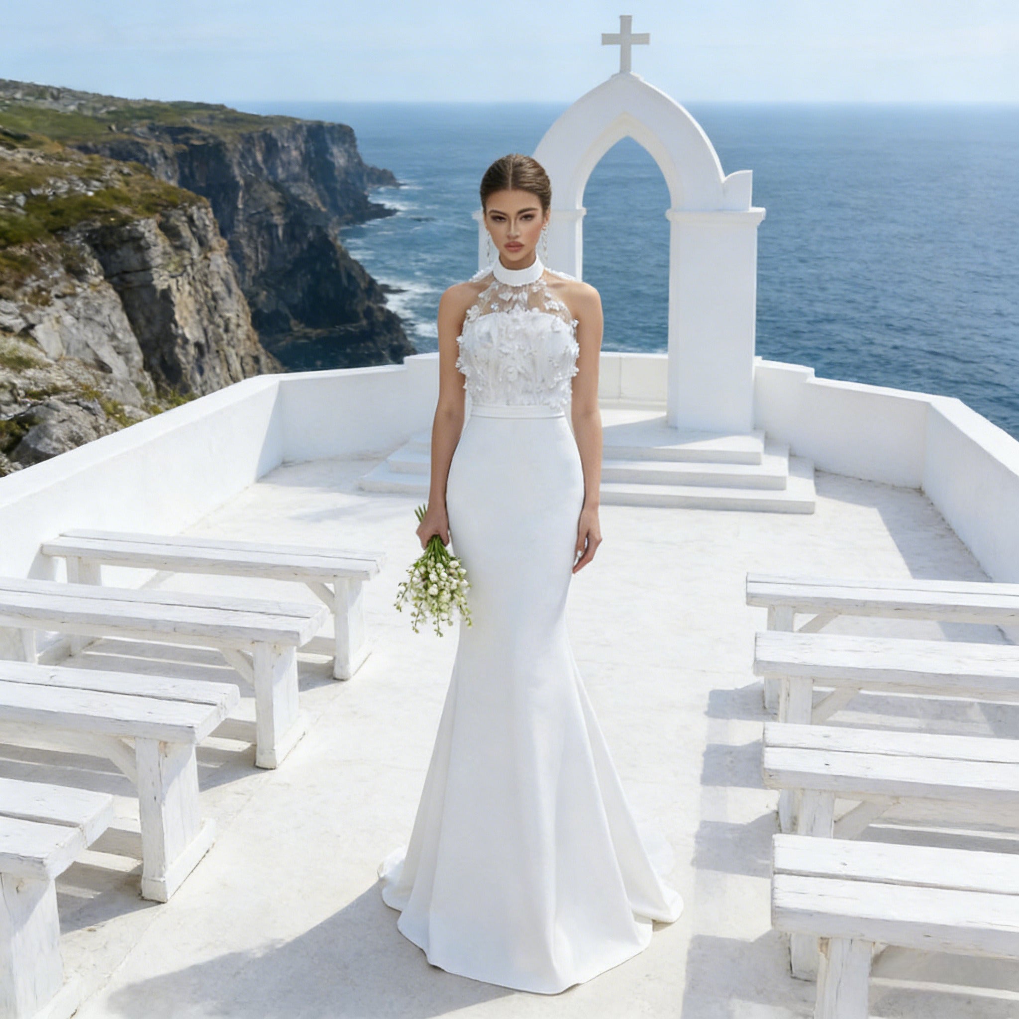 BHstyle Ball-Gown Weiß Meerjungfrau 3D-Blüten Edel Halterneck Anlassmode Sexy Modern Elegant Hochzeit