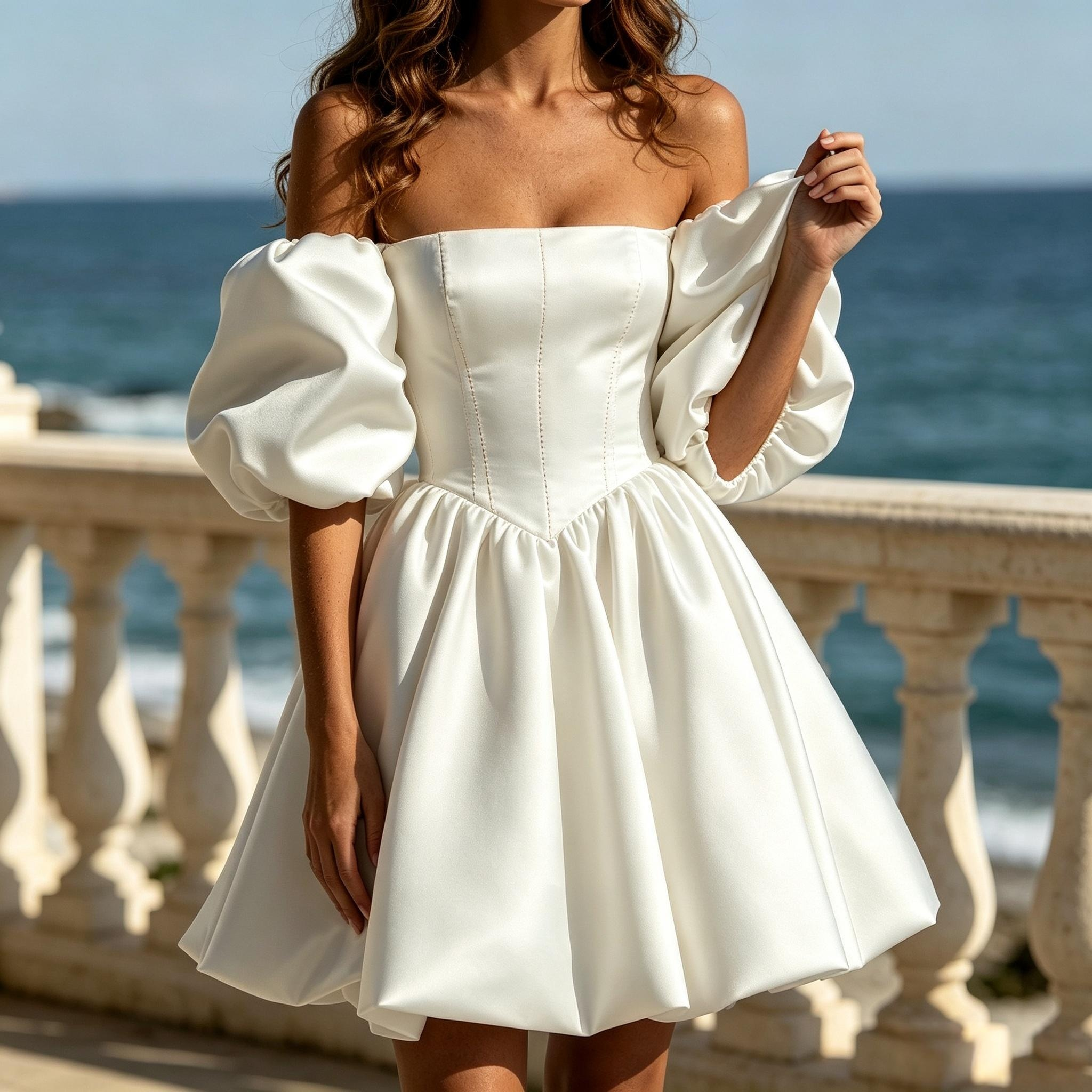 BHstyle Schulterfreies Satin Mini Cocktailkleid mit großen Puffärmeln & taillierter Korsage-Taille Weiß