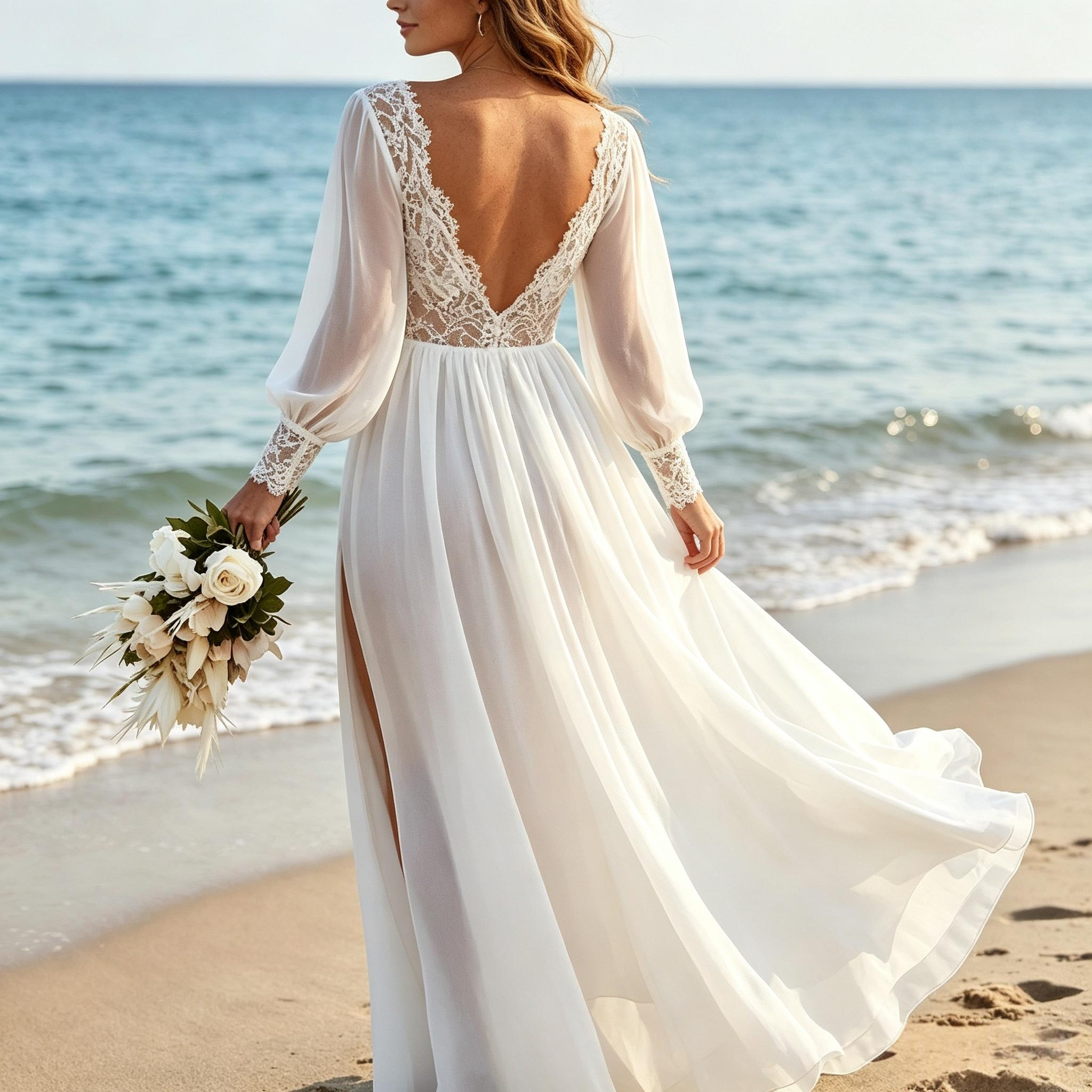 BHstyle Weißer Chiffon Maxikleid mit Langärmeln, Spitzenbesatz, tiefem V-Ausschnitt und hohem Seitenschlitz, luftiges Sommer Strandkleid für Damen